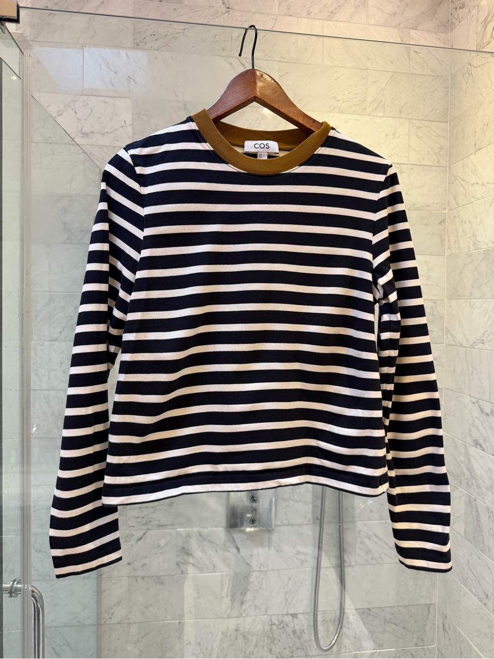 COS Navy and White Striped Long Sleeve Top with Olive Neck Trim